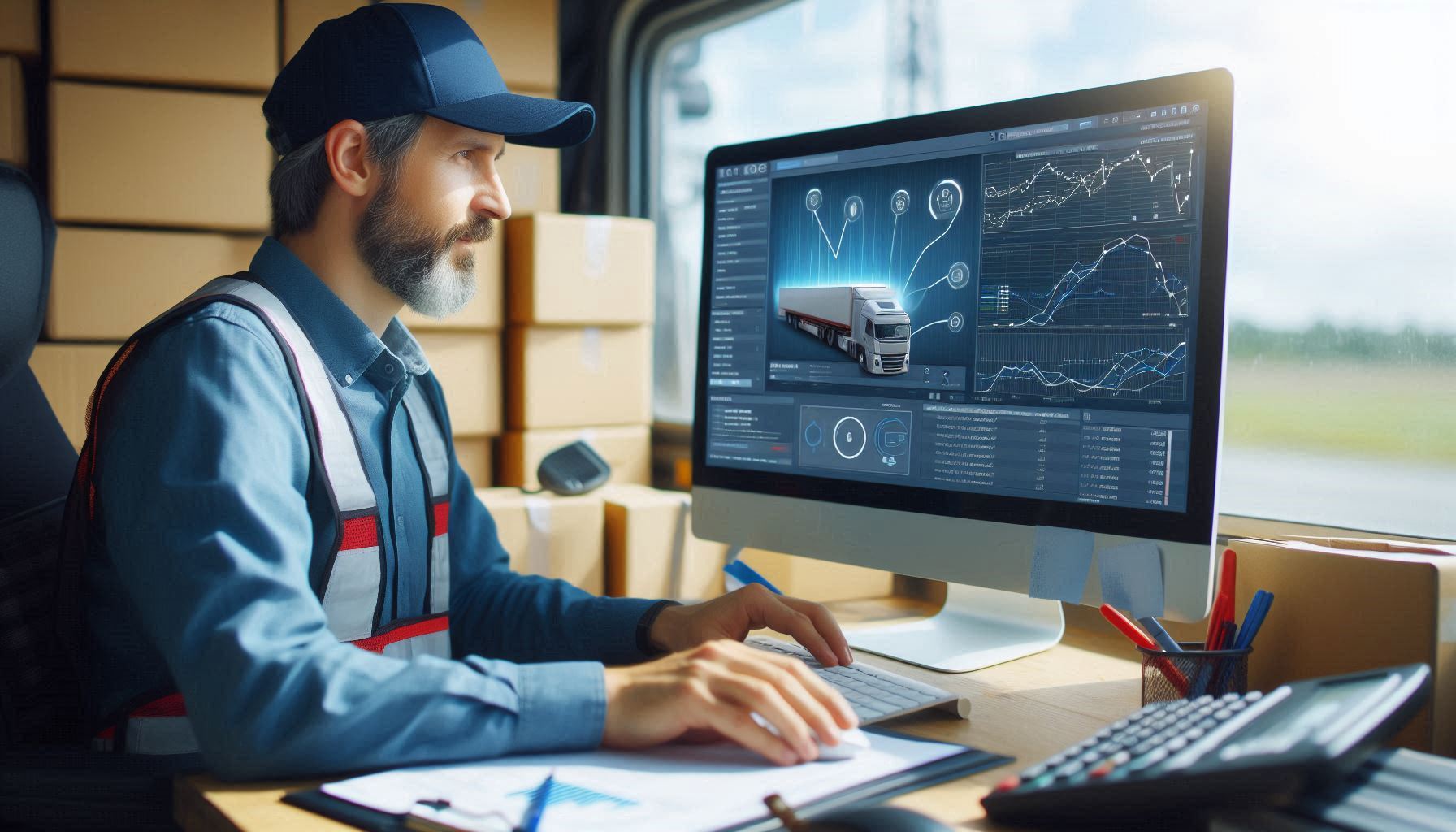 Truck dispatcher coordinating freight shipments on a computer